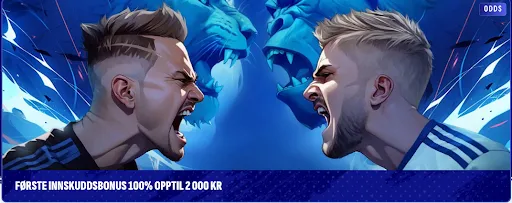 Bankonbet – første innskuddsbonus 100 % opptil 2 000 kr To menn roper mot hverandre foran blå løver, med tekst “Første innskuddsbonus 100% opptil 2 000 kr”