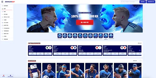 Bankonbet norsk sports- og casinoplattform Fullskjermbilde av Bankonbet-nettside med blått tema, hovedbanner for “100% opptil 2 000 kr” sportsvelkomstbonus, menyer til venstre, toppbegivenheter og sportsbook-seksjon nederst