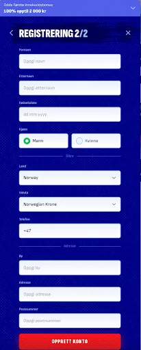 Bankonbet registrering – trinn 2 Registreringstrinn 2 med personopplysninger på Bankonbet