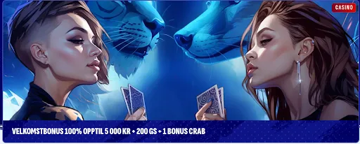 Bankonbet – velkomstbonus 100 % opptil 5 000 kr + 200 GS + 1 Bonus Crab To kvinner som holder kort foran blå løvehoder, med teksten “Velkomstbonus 100% opptil 5 000 kr + 200 GS + 1 Bonus Crab”