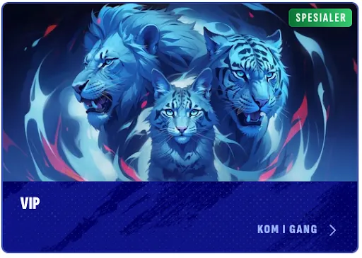 Bankonbet VIP – kom i gang Tre majestetiske rovdyr–en løve, en tiger og en leopardunge–omkranset av blåt tåkelandskap med merket “Spesialer” og teksten “VIP” øverst, samt “Kom i gang”-knapp nederst