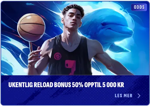 Bankonbet – ukentlig reload bonus 50% opptil 5 000 kr En basketballspiller som spinner ballen på fingeren foran en blå delfin med teksten “Ukentlig reload bonus 50% opptil 5 000 kr”