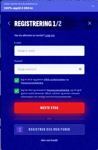 Bankonbet registrering – trinn 1 Registreringstrinn 1 med e-post- og passordfelt på Bankonbet