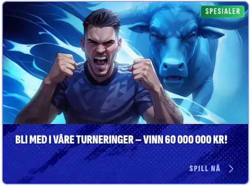Bankonbet – turneringsbonus, vinn 60 000 000 kr En jubelklar spiller foran en blå okse med teksten “Bli med i våre turneringer – vinn 60 000 000 kr!”
